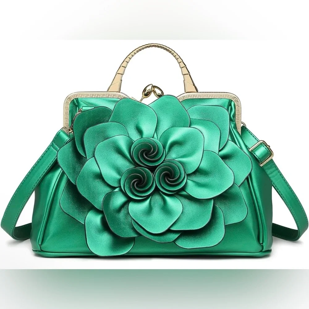 Exquisite Leather Flower Kiss-Lock Handbag - Picture 3 of 8